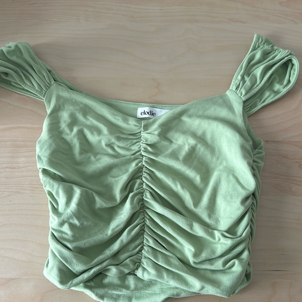 Green ruched crop top - can be worn off the shoulder or on shoulder
